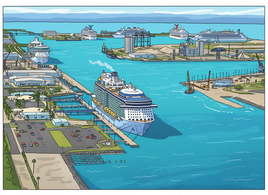 Norwegian cruise ship departing from Port Canaveral, Florida with the Atlantic Ocean stretching to the horizon