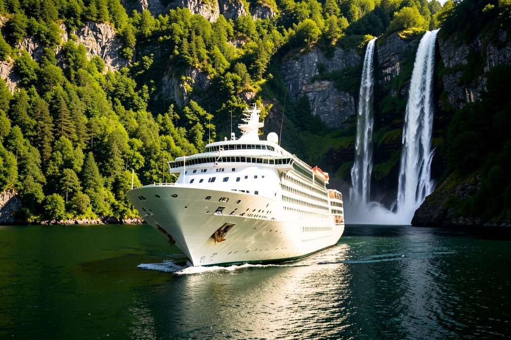 A large white cruise ship sailing underway through a deep Norwegian fjord, sheer forested cliffs and a tall waterfall plunging into the dark green water beside it on a bright Scandinavian summer day