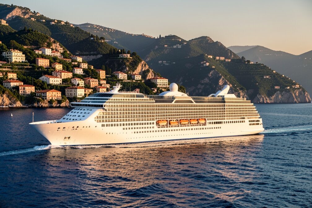 A large modern cruise ship sailing along the Italian coast of the Tyrrhenian Sea near Rome, pastel hillside villages and green headlands behind it in warm late-afternoon light, white wake trailing across the blue water