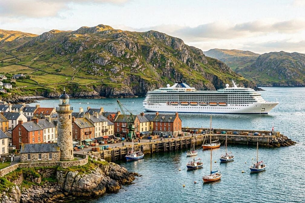 A cruise ship anchored off a dramatic green coastline of rolling hills and rugged cliffs under soft northern light, with a historic stone lighthouse and a small harbor town in the foreground