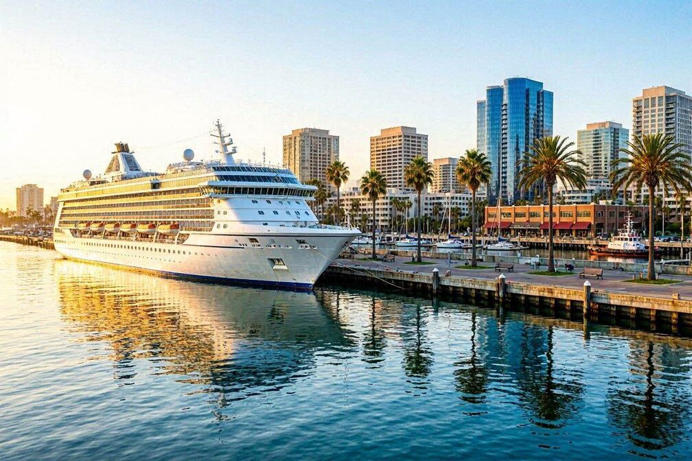 A large white cruise ship sailing out of San Diego Bay at golden hour, with the downtown skyline, Coronado Bridge, palm trees, and calm blue Pacific water gleaming in warm afternoon light