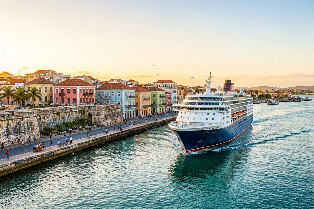 A large cruise ship sailing through the turquoise waters of San Juan Bay at golden hour, with the blue cobblestone streets, pastel colonial buildings, and the walls of Old San Juan visible along the shore