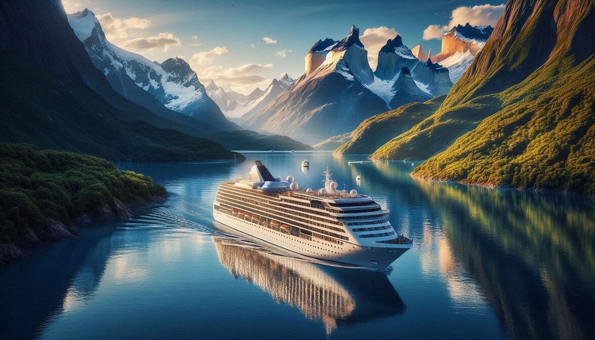 Cruise ship sailing through Patagonian fjords with mountains in the background