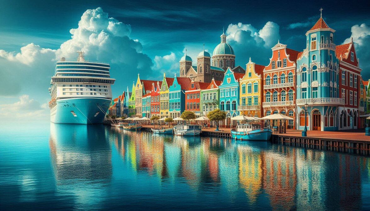 Vibrant Dutch colonial waterfront buildings lining the harbor in Willemstad Curacao with a cruise ship docked under a bright tropical sky