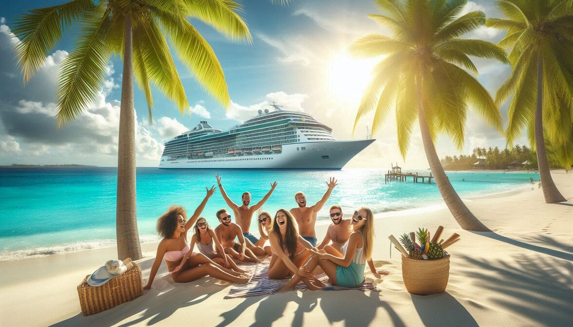 Friends enjoying tropical beach during spring break cruise vacation with palm trees and turquoise waters