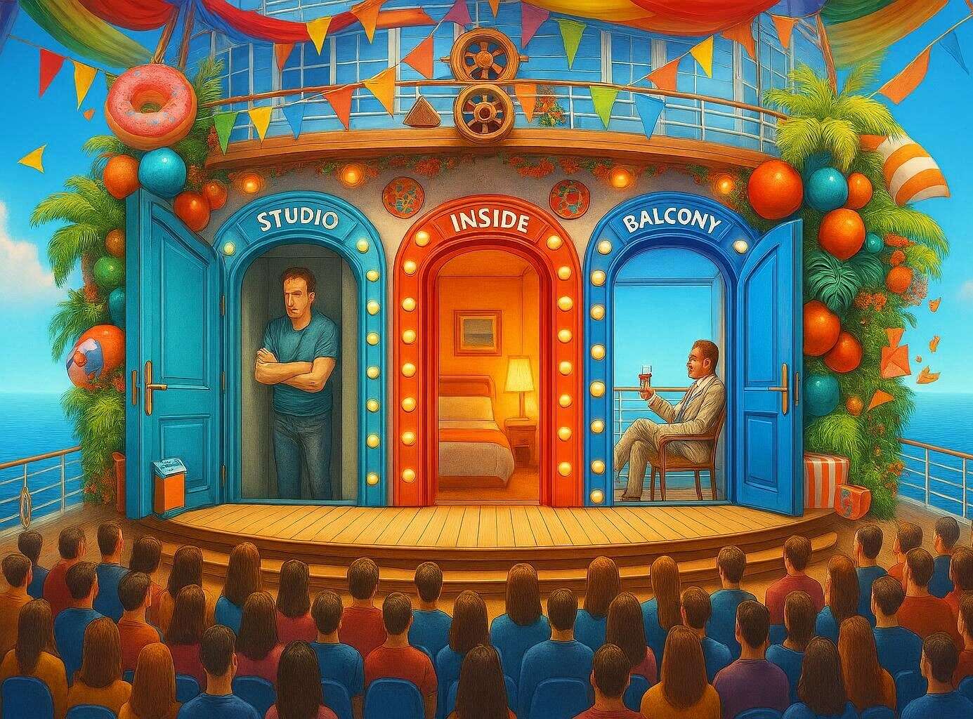 Three open doors comparing cruise cabin types: a cramped studio cabin, a comfortable inside cabin, and a luxury balcony cabin.