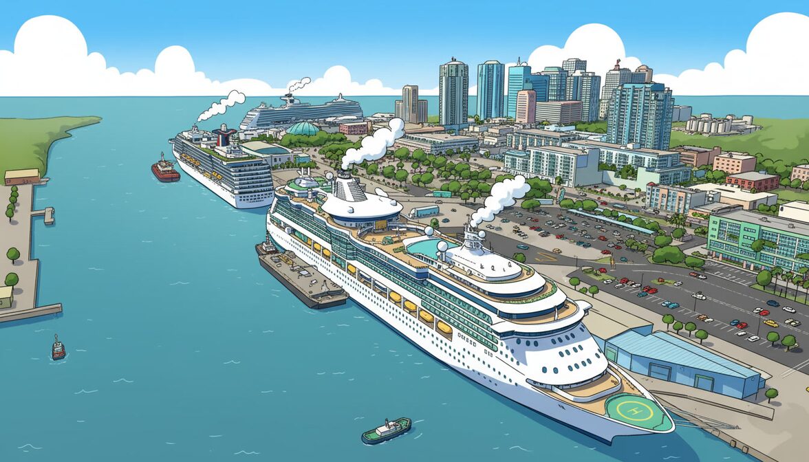 Norwegian cruise ship docked at Port Tampa Bay with the Tampa skyline visible in the background