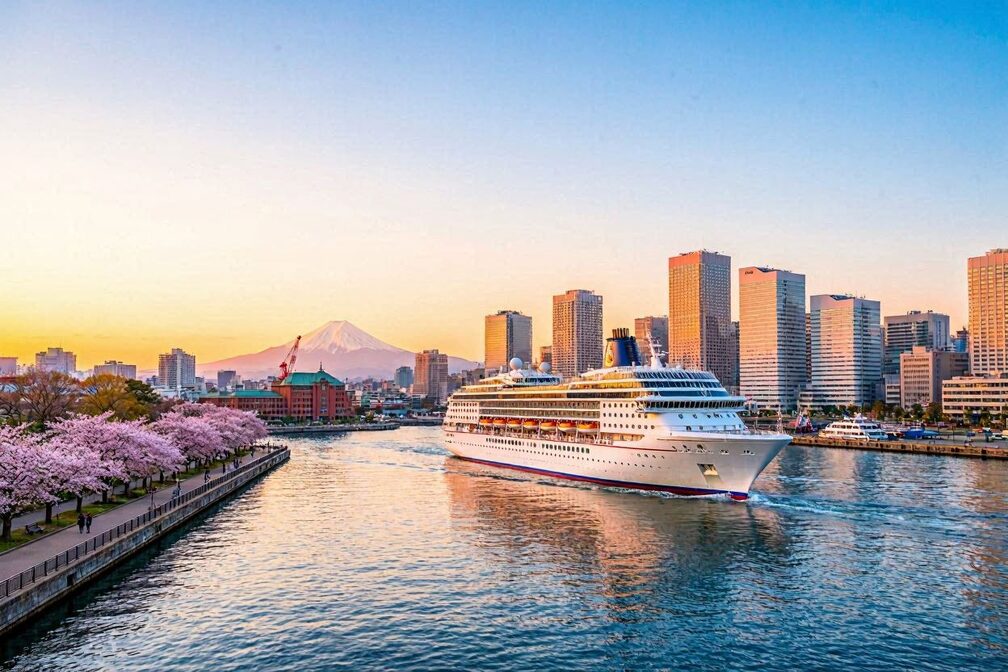 A large cruise ship sailing through Yokohama harbor at golden hour, with the city's modern skyline glowing in warm light and the snow-capped peak of Mount Fuji rising on the distant horizon, cherry blossom trees lining the waterfront
