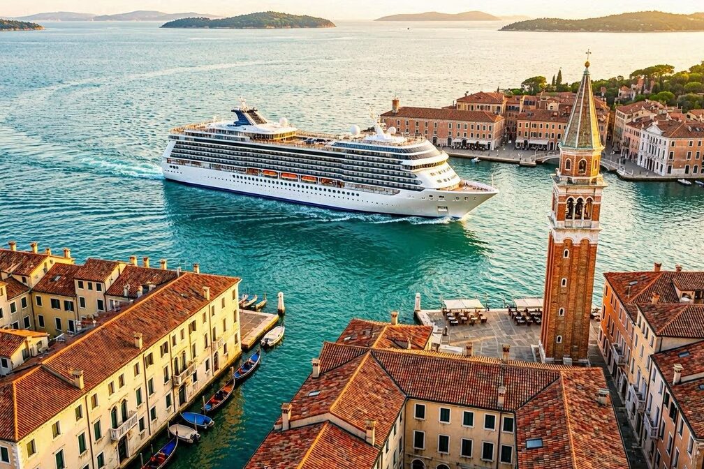 Aerial view of a cruise ship gliding across the turquoise Adriatic Sea past the terracotta rooftops, canals, and the Campanile bell tower of Venice at golden hour