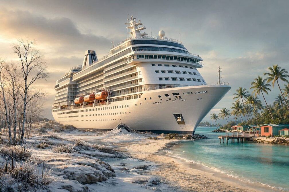 A massive modern cruise ship split between a winter wonderland and a Caribbean island