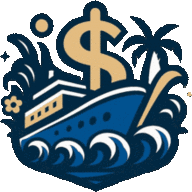 Cartoon cruise ship sailing through tropical waters with a big dollar sign on top